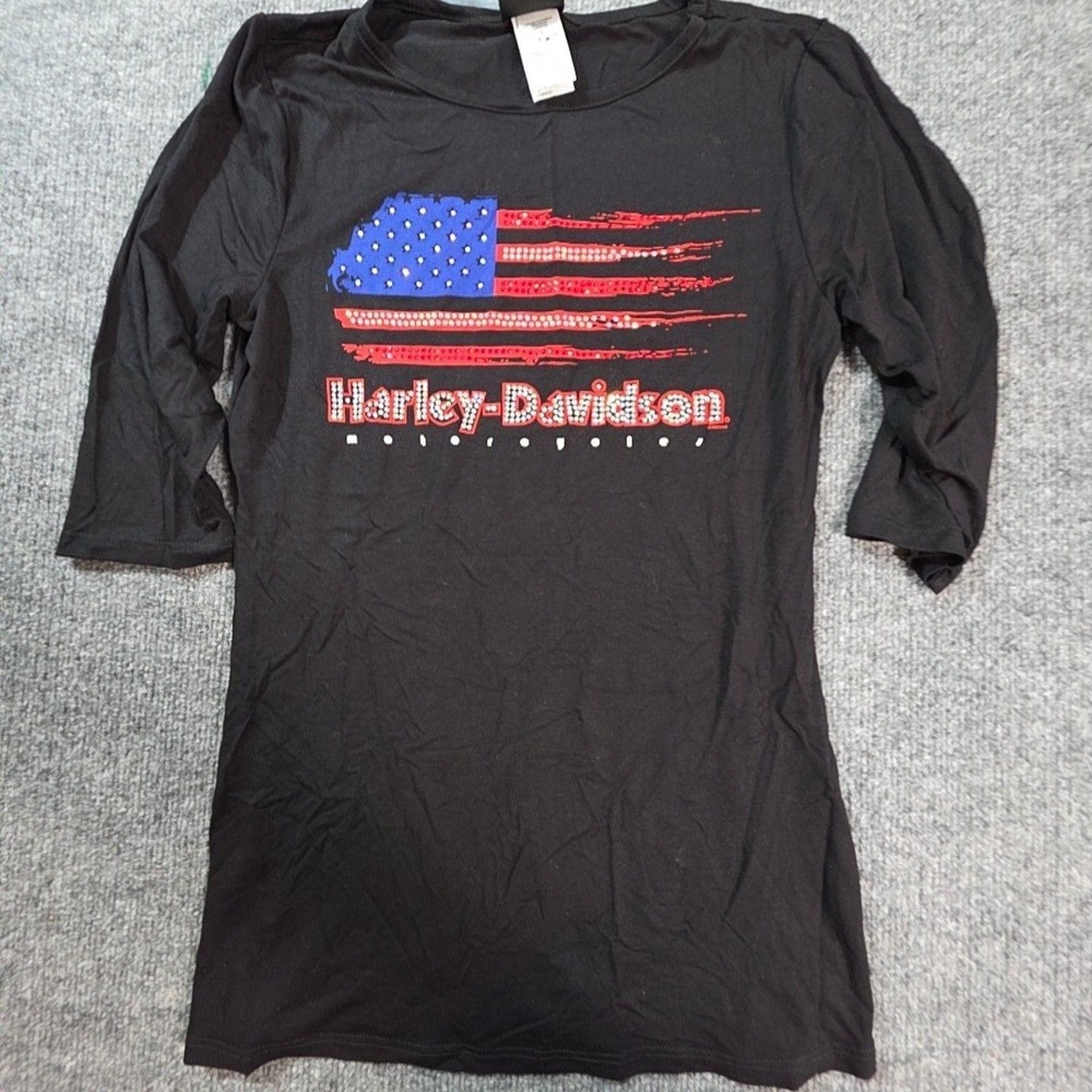 Harley-Davidson Shirt Womens Small Black Flag Rhinestone 3/4 Sleeve Tunic Top